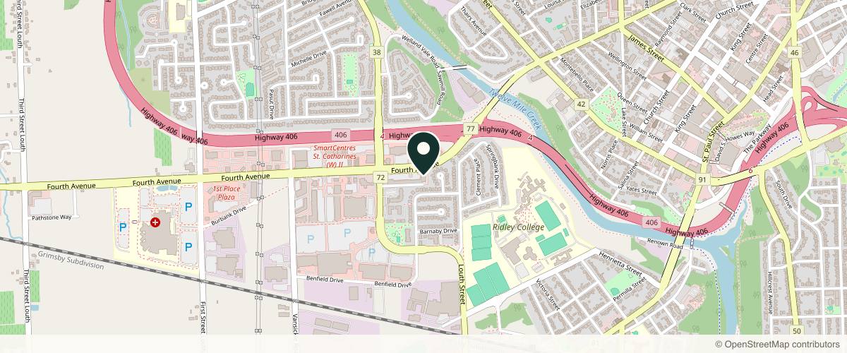 Map showing the exact location of Dr. Jane Burk-Vassallo - aspireMD at 100 Fourth Ave, St. Catharines, ON L2S 3P1, Canada