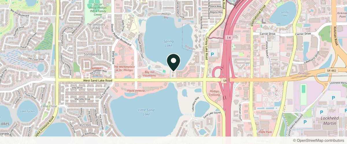 Map showing the exact location of Dr. Phillips Medical Spa at 7345 W Sand Lake Rd Ste 407, Orlando, FL 32819, USA