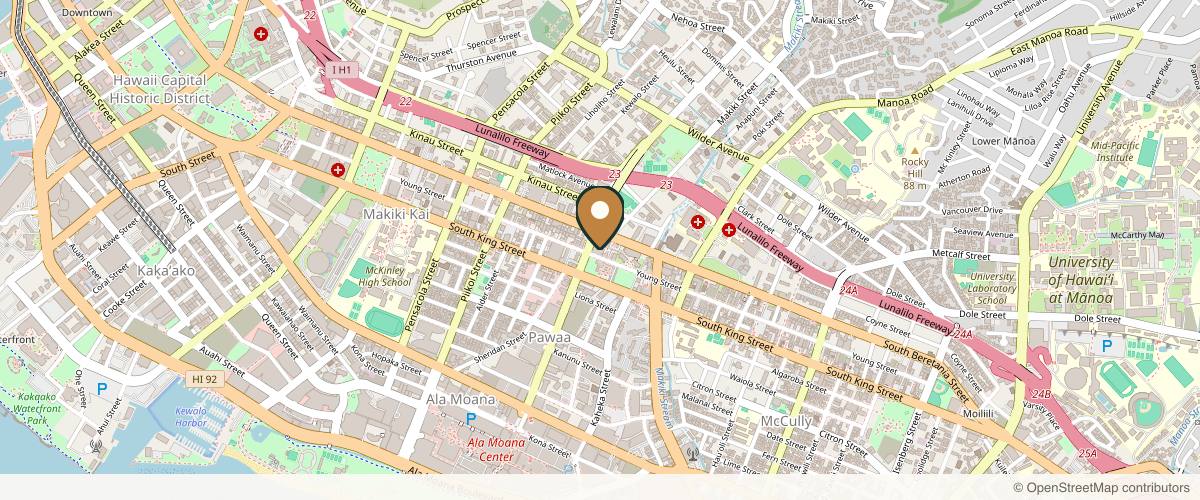 Map showing the exact location of Dr. S. Larry Schlesinger - PRP Center Hawaii at 1401 S Beretania St. Ste 590, Honolulu, HI 96814, USA