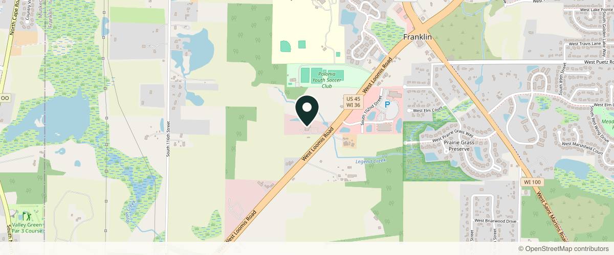 Map showing the exact location of Dream Aesthetics & Wellness Center at 10500 W Loomis Rd #100, Franklin, WI 53132, USA