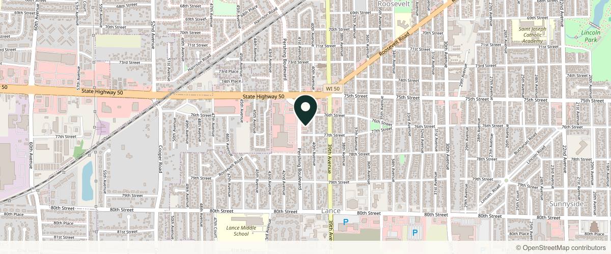Map showing the exact location of Drew & Co. Medical Aesthetics and Wellness Clinic at 7645 Pershing Blvd, Kenosha, WI 53142, USA