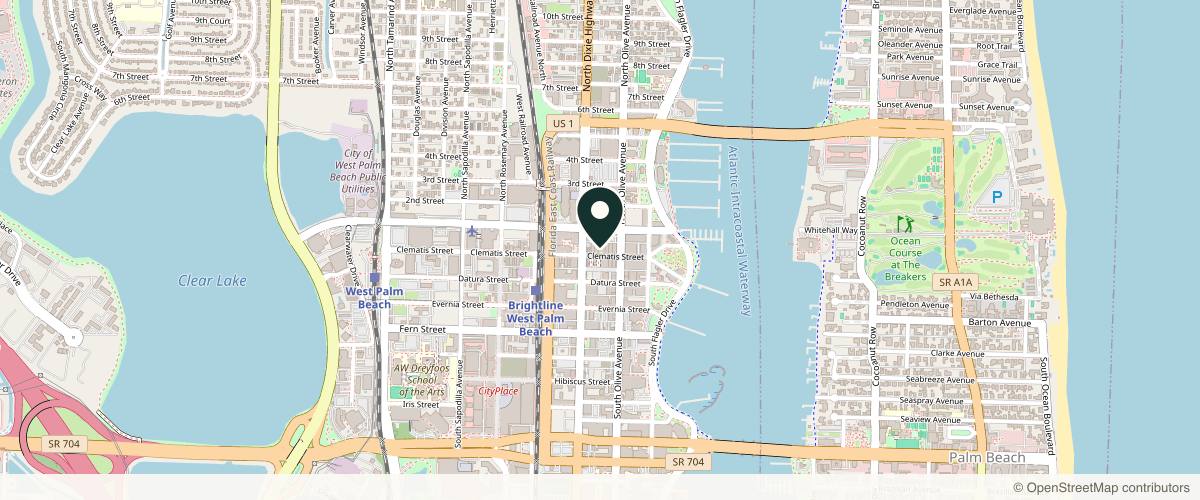 Map showing the exact location of E Aesthetics at 319 Clematis St Ste 214 & 215, West Palm Beach, FL 33401, USA