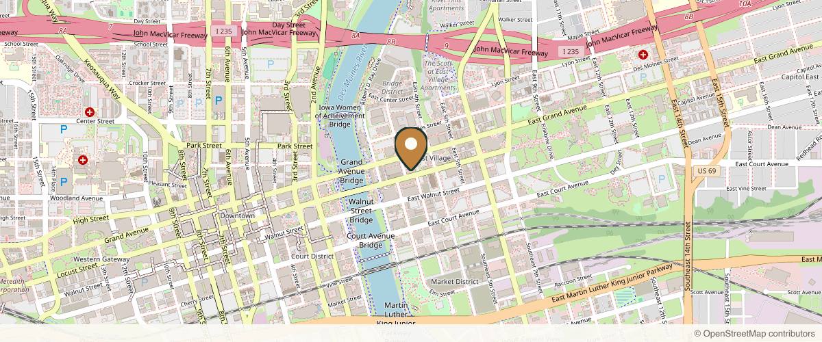 Map showing the exact location of East Village Spa at 300 E Locust St Ste 313, Des Moines, IA 50309, USA