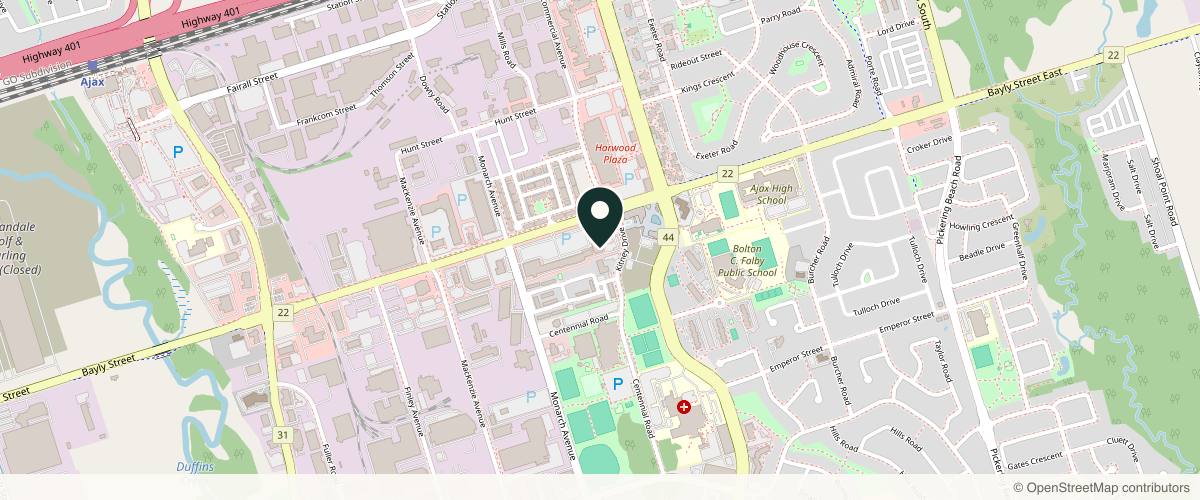 Map showing the exact location of Elegancy Beauty Bar at 95 Bayly St W Ste 200, Ajax, ON L1S 7K8, Canada