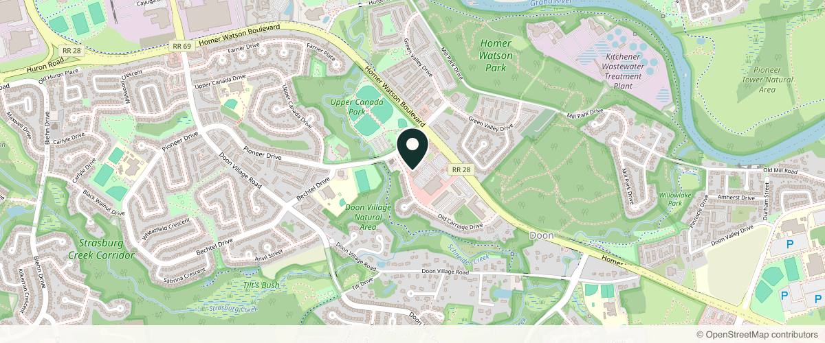 Map showing the exact location of Elev8 Aesthetic Medicine Inc. Botox, Lip Fillers, Microneedling, PRP for Hair Loss & Plant Based Exosome treatments at 123 Pioneer Dr, Kitchener, ON N2P 2A3, Canada