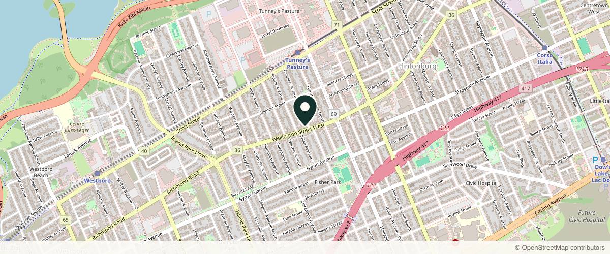 Map showing the exact location of Elixir Beauty Clinic at 1279 Wellington St. W, Ottawa, ON K1Y 3A8, Canada
