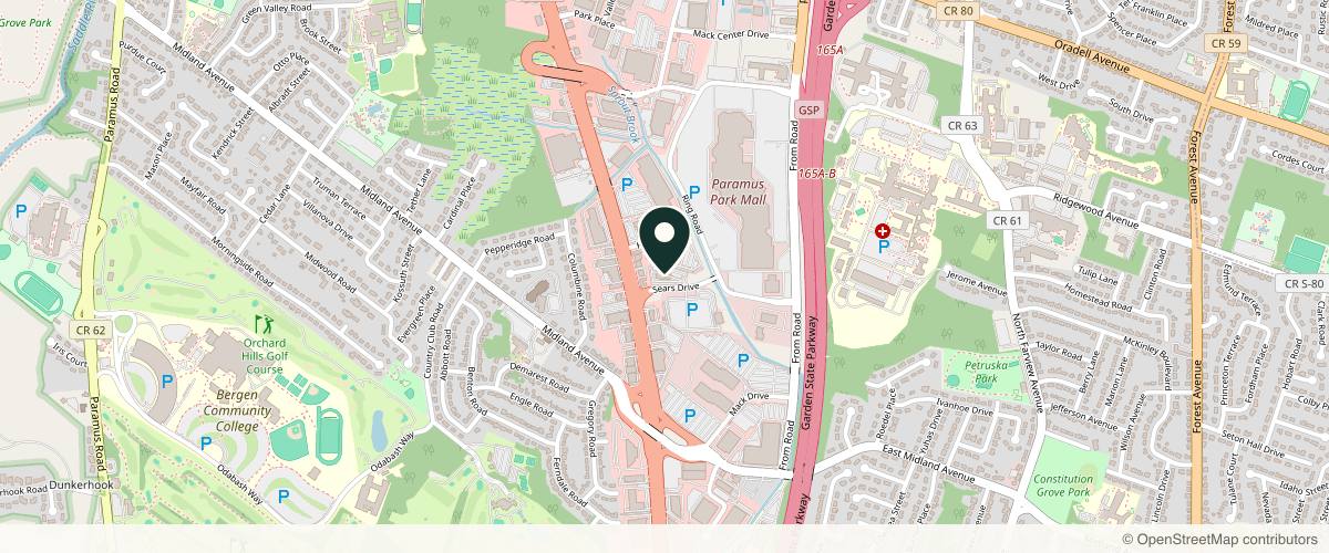 Map showing the exact location of Elysium Aesthetics and Vein Care at 1 Sears Dr Ste 406, Paramus, NJ 07652, USA