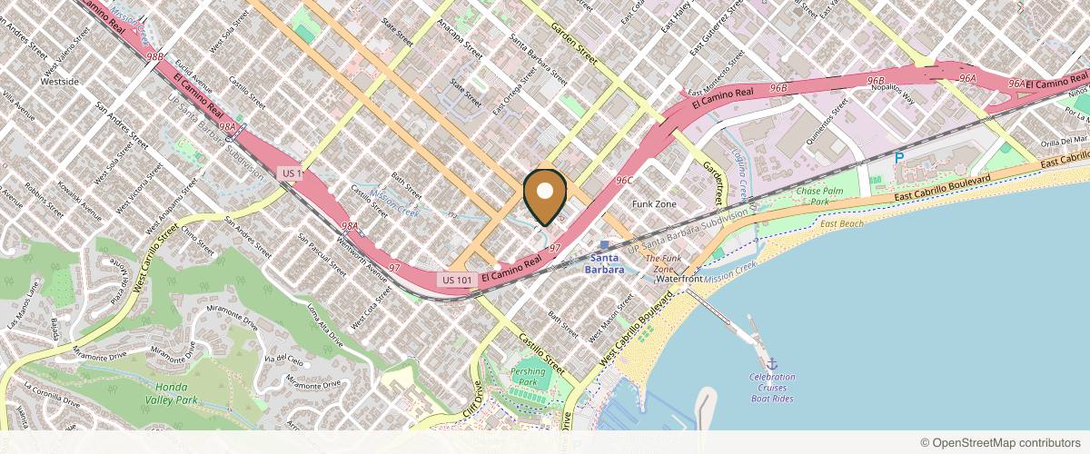 Map showing the exact location of Essence Med Spa Santa Barbara | Massage , Botox , Fillers & Facials at 107 W Gutierrez St, Santa Barbara, CA 93101, USA