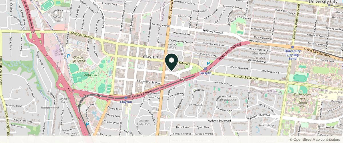 Map showing the exact location of Ethos Aveda Luxury Salon and MedSpa at 173 Carondelet Plaza, Clayton, MO 63105, USA
