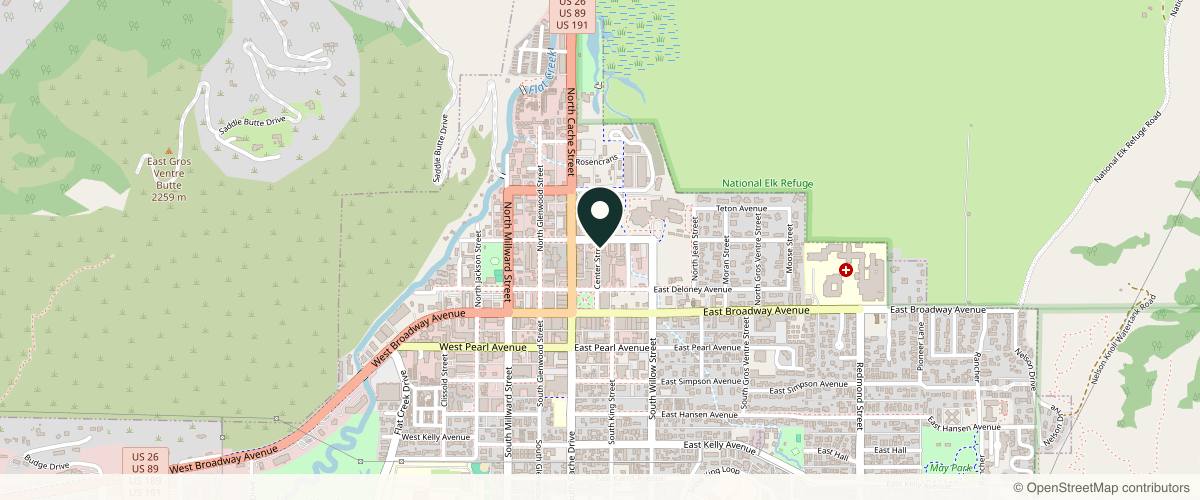 Map showing the exact location of Evergreen Aesthetics at 180 Center St Ste 10, Jackson, WY 83001, USA