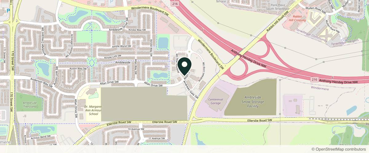 Map showing the exact location of Evergreen Cosmetic Edmonton - Windermere at 3522 Allan Dr SW, Edmonton, AB T6W 3G9, Canada