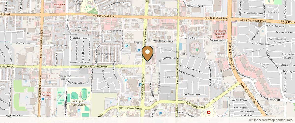 Map showing the exact location of Evolution Health & Wellness Center - Medical Weight Loss, Hormone Replacement Therapy, Aesthetics: Springfield MO at 3338 S National Ave, Springfield, MO 65807, USA