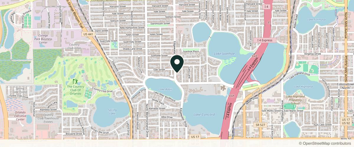 Map showing the exact location of Evolve Aesthetics at 1127 Edgewater Dr, Orlando, FL 32804, USA