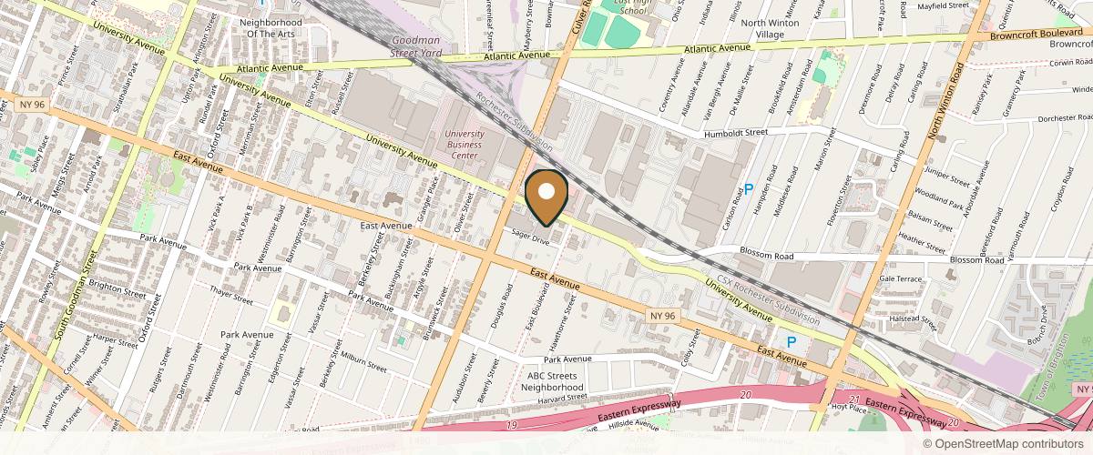 Map showing the exact location of Ewa Medspa Aesthetics & Wellness at 1255 University Ave Ste C210, Rochester, NY 14607, USA