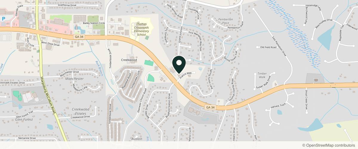 Map showing the exact location of Exclusively Faces Cosmetic Surgery & Medispa at 20 Francis Way Ste 300, Sharpsburg, GA 30277, USA