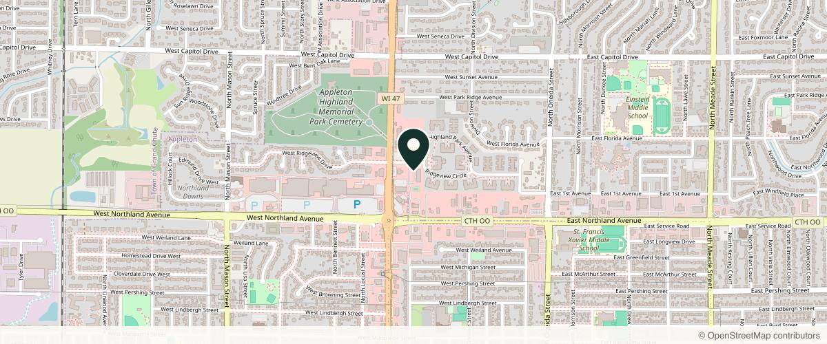 Map showing the exact location of FACE FOUNDRIÉ - Appleton at 643 W Ridgeview Dr, Appleton, WI 54911, USA