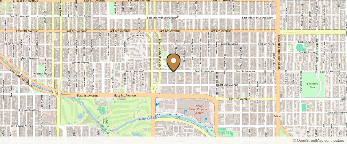 Map showing the exact location of FACE FOUNDRIÉ - Denver Cherry Creek at 2630 E 3rd Ave, Denver, CO 80206, USA