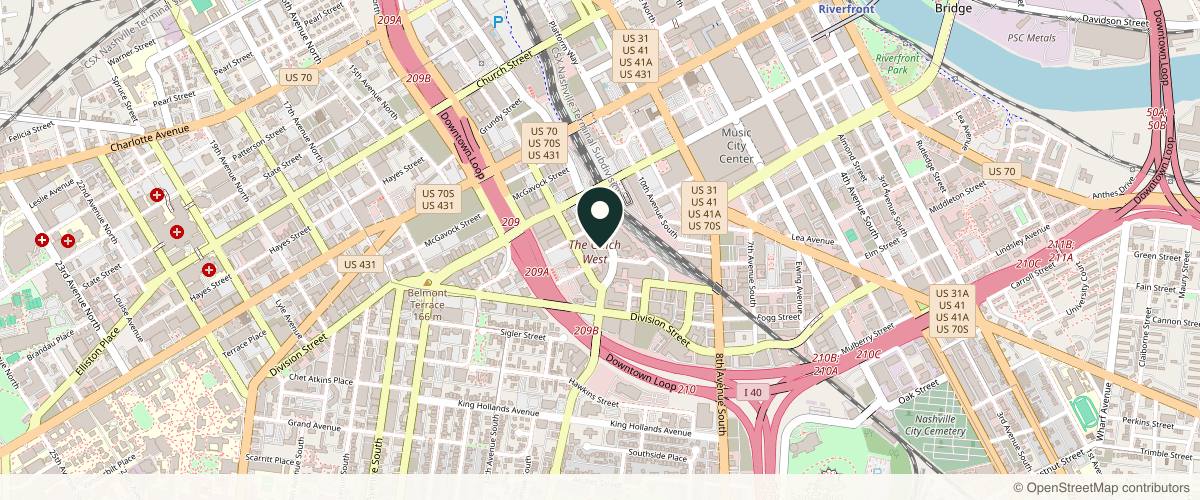 Map showing the exact location of FACE FOUNDRIÉ - Nashville Gulch at 329 11th Ave S, Nashville, TN 37203, USA