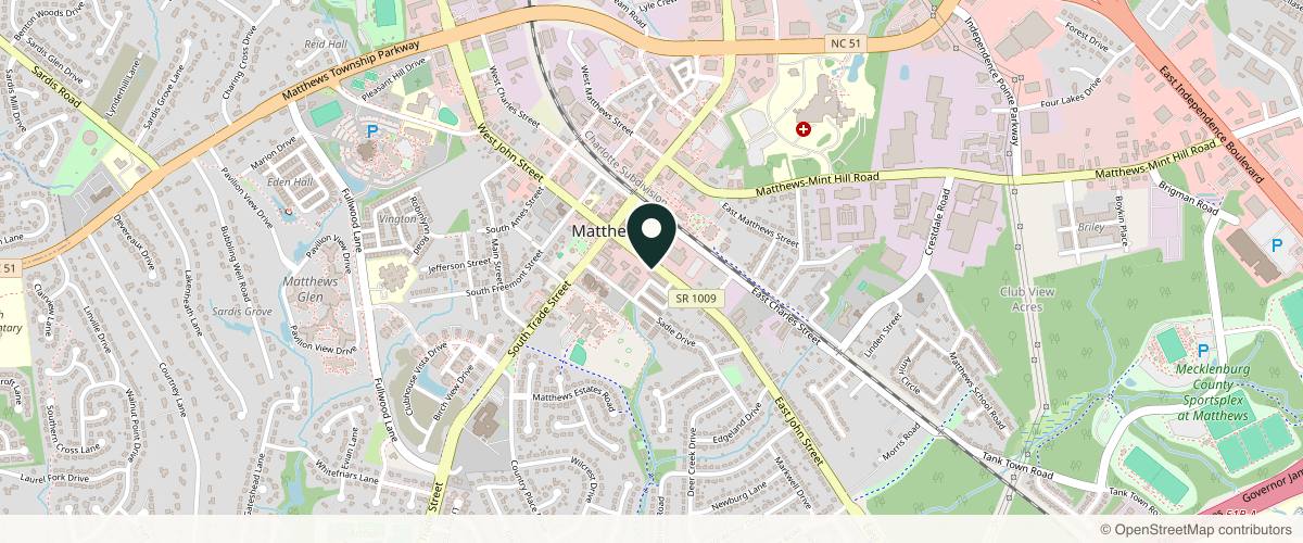Map showing the exact location of FACE Lab at 300 E John St Ste 150, Matthews, NC 28105, USA