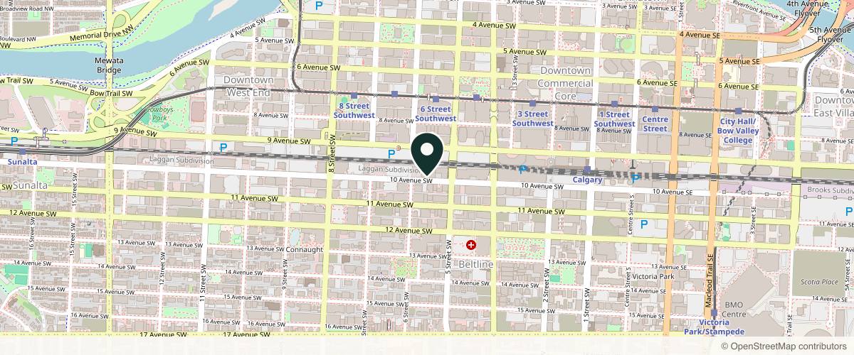 Map showing the exact location of Face Skin & Body Bar at Commercial, 620 10 Ave SW Unit 126, Calgary, AB T2R 1C3, Canada