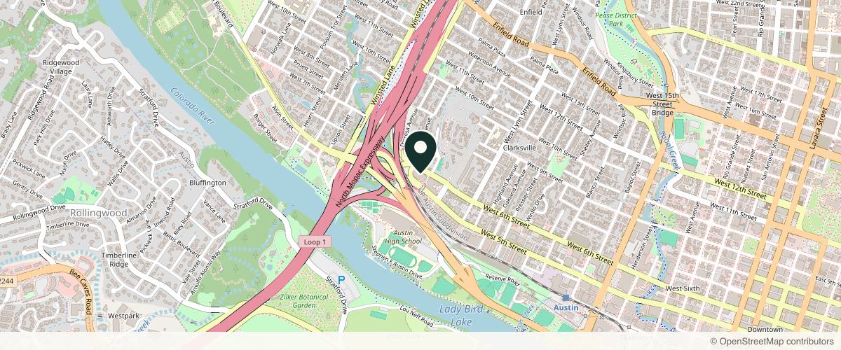 Map showing the exact location of Face to Face Spa at Downtown Austin at 1717 W 6th St Ste R-120, Austin, TX 78703, USA