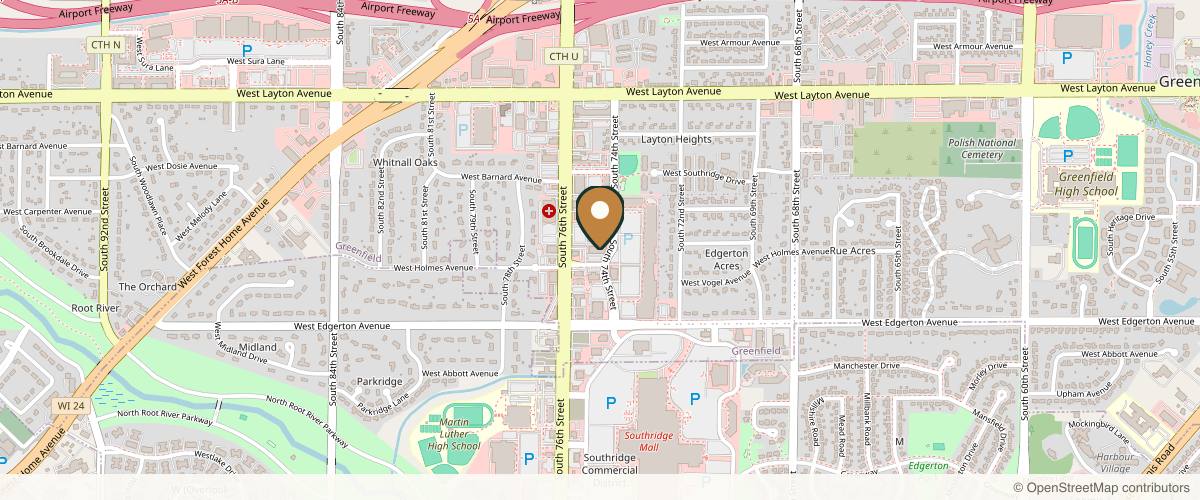 Map showing the exact location of Face to Face Spa at Greenfield at 7426 W Holmes Ave, Greenfield, WI 53220, USA