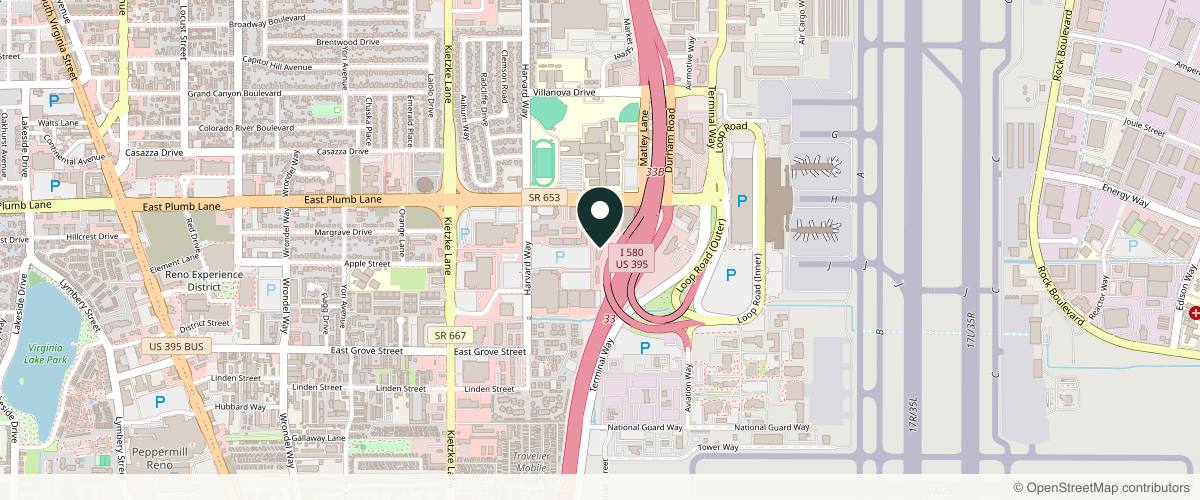 Map showing the exact location of Face to Face Spa - Reno at Airport Square at 1300 E Plumb Ln Suite A, Reno, NV 89502, USA