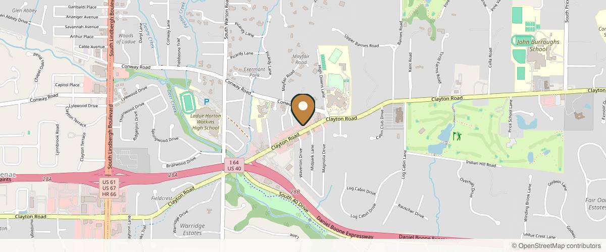 Map showing the exact location of Faces STL at 9733 Clayton Rd, St. Louis, MO 63124, USA