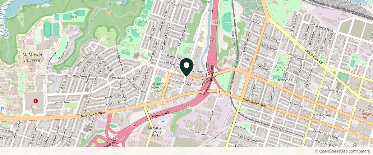 Map showing the exact location of Fiore at 769 King St W Unit 1, Hamilton, ON L8S 1J9, Canada