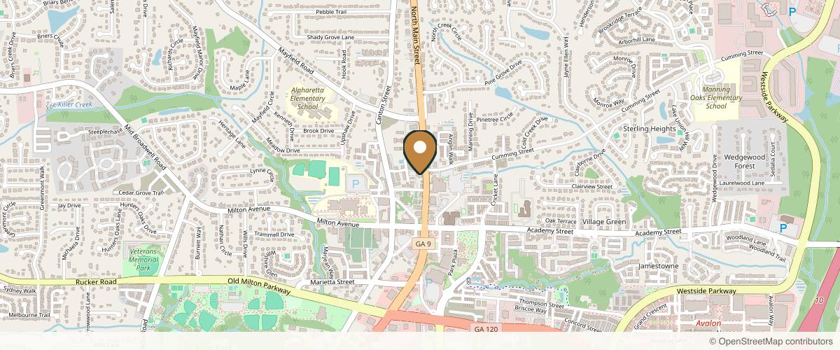 Map showing the exact location of First Body at 100 N Main St Ste 330, Alpharetta, GA 30009, USA