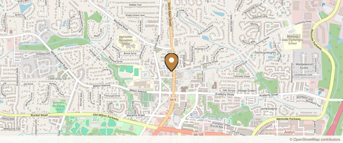 Map showing the exact location of First Body at 100 N Main St Ste 330, Alpharetta, GA 30009, USA