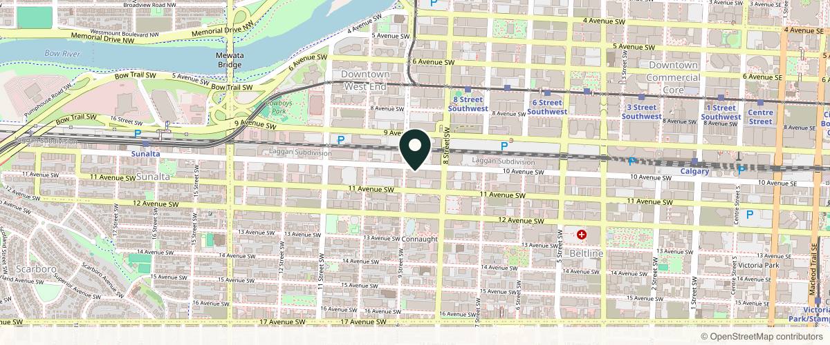 Map showing the exact location of Flawless Injections at 927 10 Ave SW #210, Calgary, AB T2R 1A8, Canada