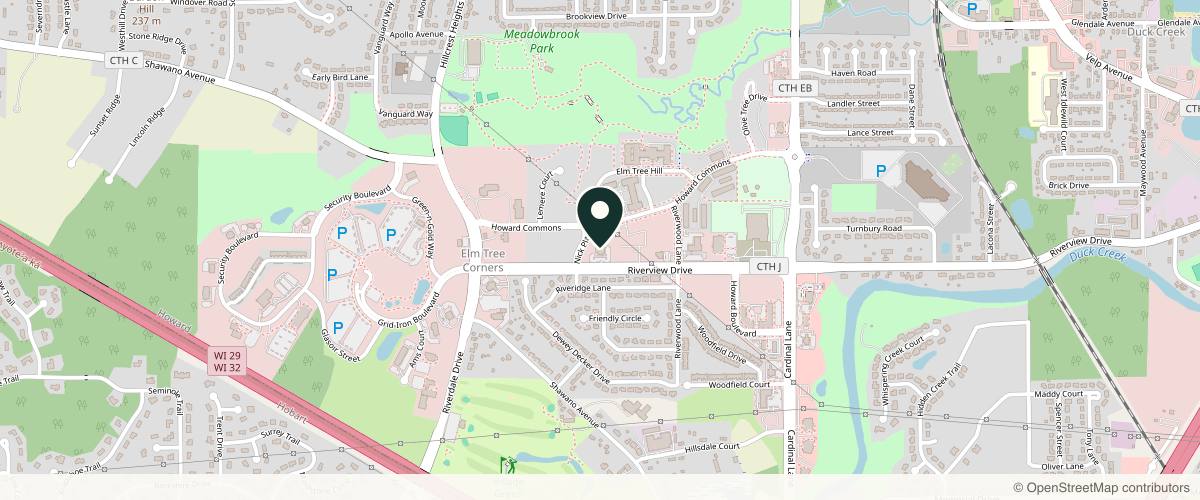 Map showing the exact location of Forefront Dermatology Green Bay, WI - Riverview Drive at 2806 Riverview Dr, Green Bay, WI 54313, USA