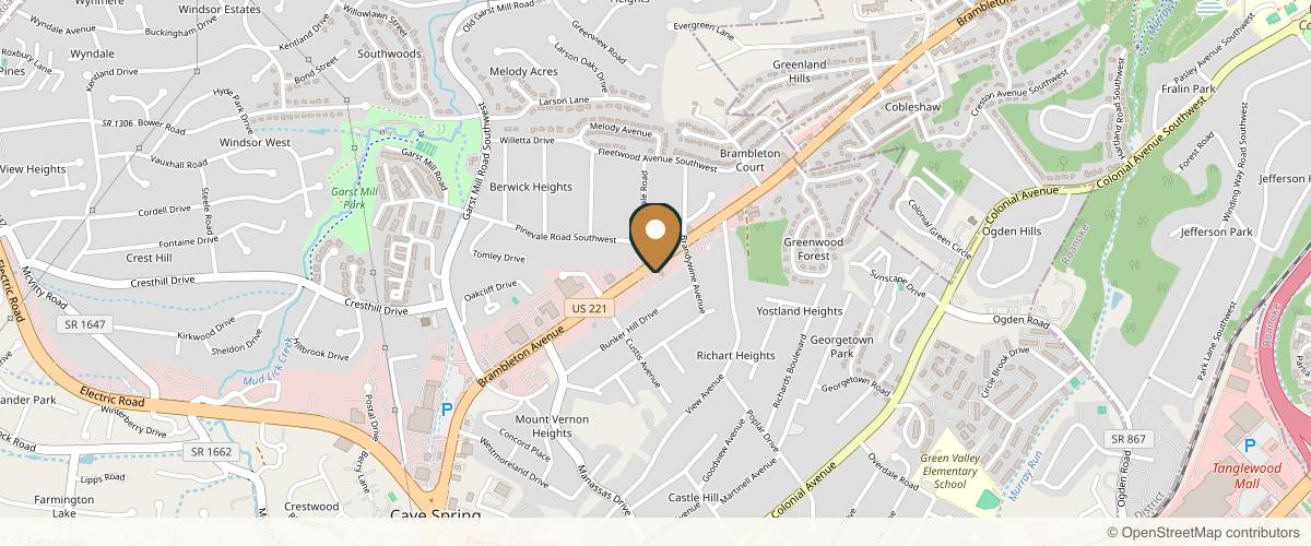 Map showing the exact location of Foxy Brows & Aesthetics at 3512 Brambleton Ave SW, Roanoke, VA 24018, USA