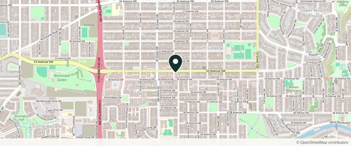 Map showing the exact location of Frida Beauty Bar Marda Loop at 1945 33 Ave SW, Calgary, AB T2T 6V7, Canada
