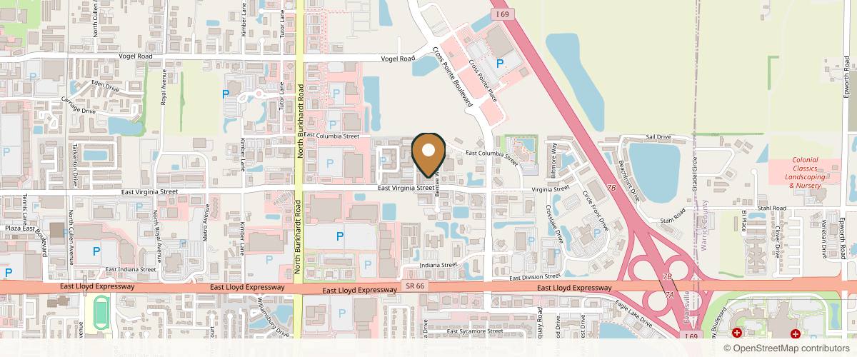 Map showing the exact location of Fusion Spa and Salon at 7144 E Virginia St # D, Evansville, IN 47715, USA