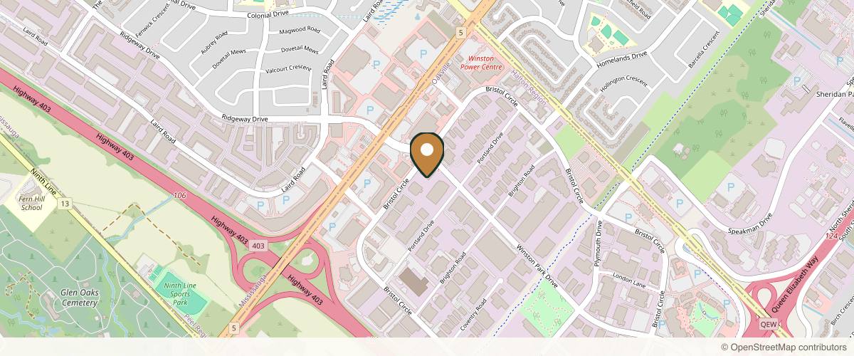 Map showing the exact location of Fyxson Medical Aesthetics at 2578 Bristol Cir Unit 16, Oakville, ON L6H 6Z7, Canada