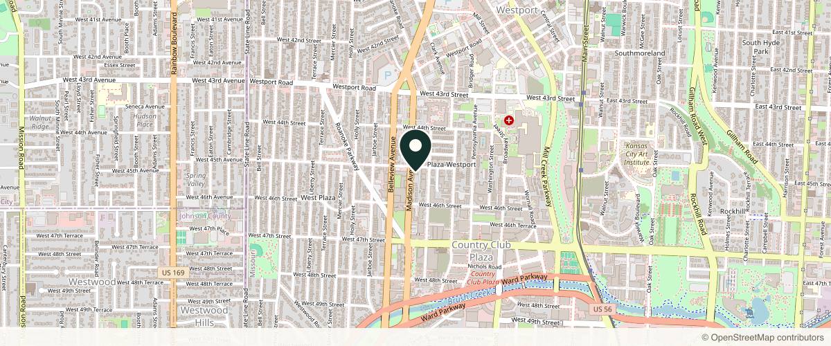 Map showing the exact location of Georgous Aesthetic Bar at 4505 Madison Ave Ste 10, Kansas City, MO 64111, USA