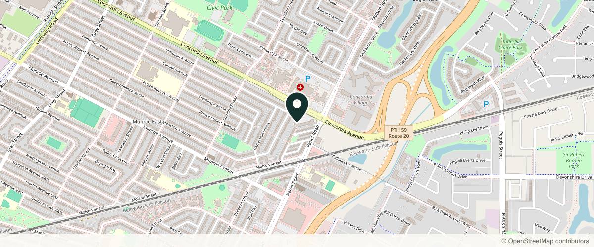 Map showing the exact location of Glamorous Aesthetics & Laser Centre at 1100 Concordia Ave #117, Winnipeg, MB R2K 4B8, Canada