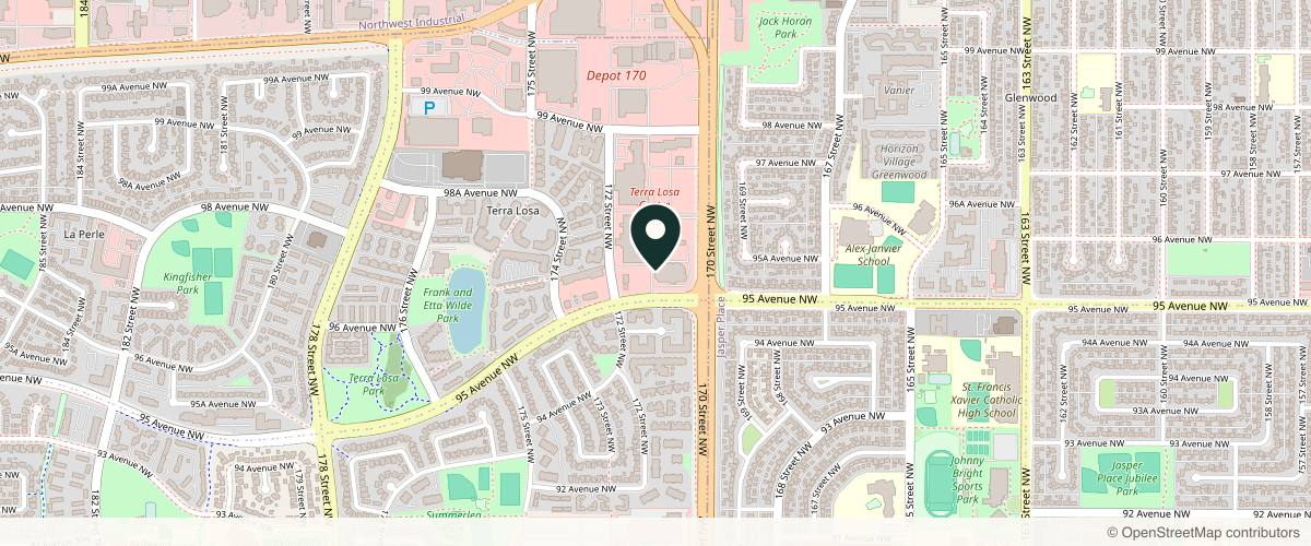 Map showing the exact location of Glo Skin & Medspa at 17026 95 Ave NW, Edmonton, AB T5T 5R5, Canada