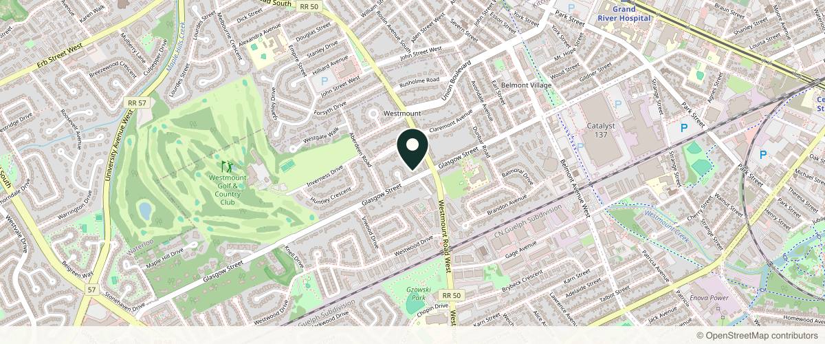 Map showing the exact location of Glow Medical Spa at 418 Glasgow St, Kitchener, ON N2M 2N2, Canada
