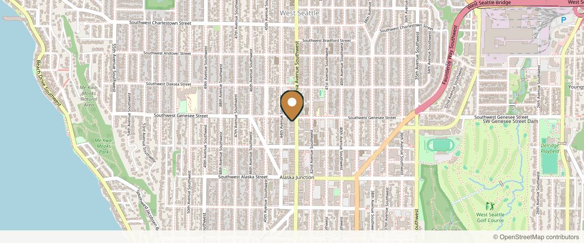 Map showing the exact location of Glow Medispa at 4409 California Ave SW STE 100, Seattle, WA 98116, USA