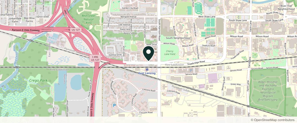 Map showing the exact location of Grand Beauty Aesthetics at 1038 Trowbridge Rd, East Lansing, MI 48823, USA