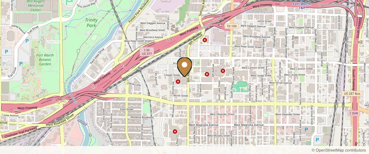 Map showing the exact location of Hanami Medspa: Elaine Phuah, DO, MBA, FACOI at 800 8th Ave Suite 508, Fort Worth, TX 76104, USA