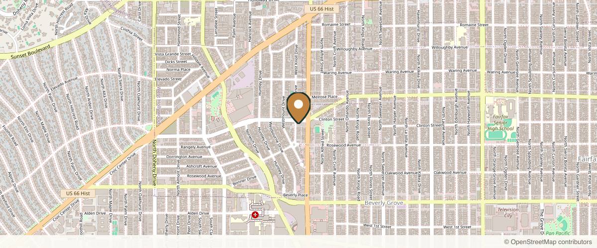 Map showing the exact location of Happy Hands Aesthetics & Laser Skin Tightening at 8500 Melrose Ave, West Hollywood, CA 90069, USA