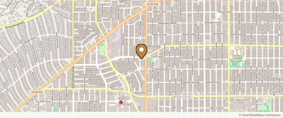 Map showing the exact location of Happy Hands Aesthetics & Laser Skin Tightening at 8500 Melrose Ave, West Hollywood, CA 90069, USA