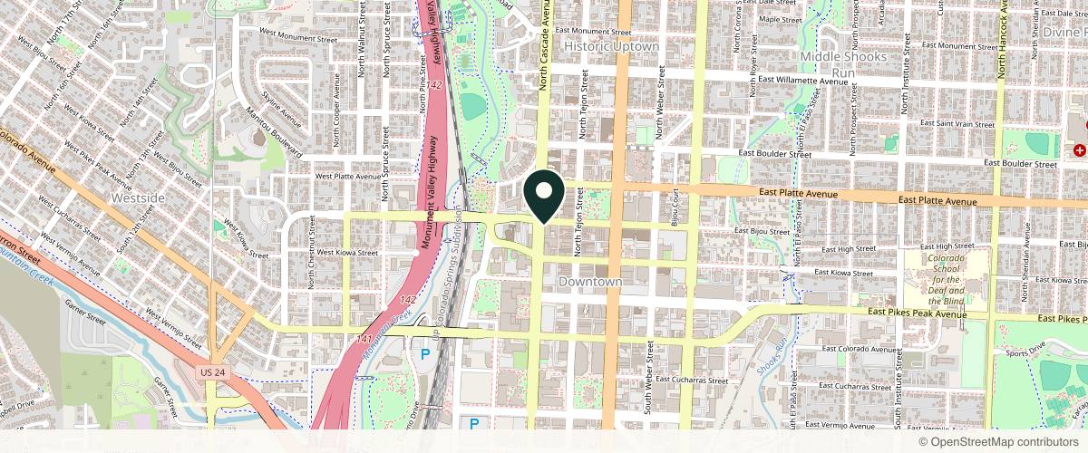 Map showing the exact location of Harmony Aesthetics Center of Colorado Springs at 127 N Cascade Ave, Colorado Springs, CO 80903, USA