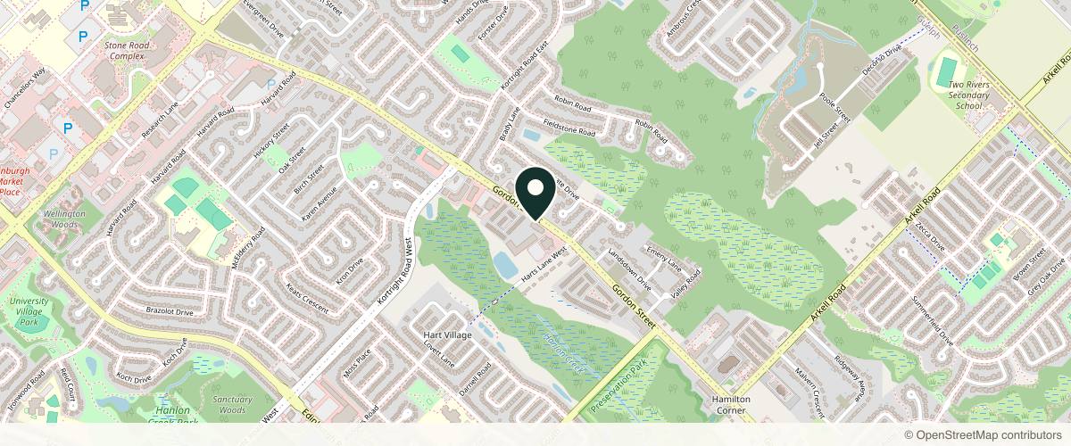 Map showing the exact location of Haven Aesthetics Spa at 1083 Gordon St #102, Guelph, ON N1G 0E8, Canada