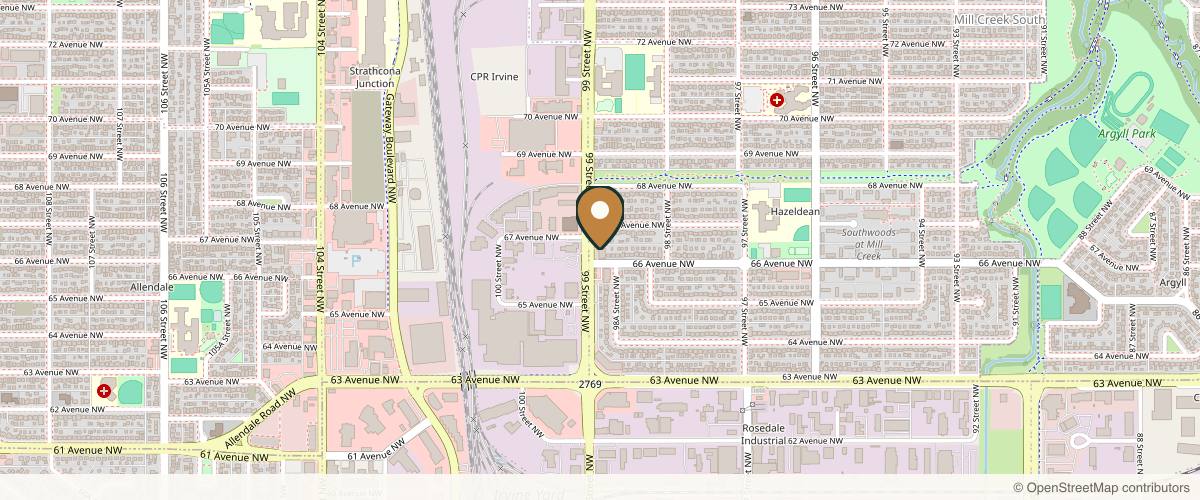 Map showing the exact location of Healing Waters Spa Edmonton at 6603 99 St NW #200, Edmonton, AB T6E 3P7, Canada