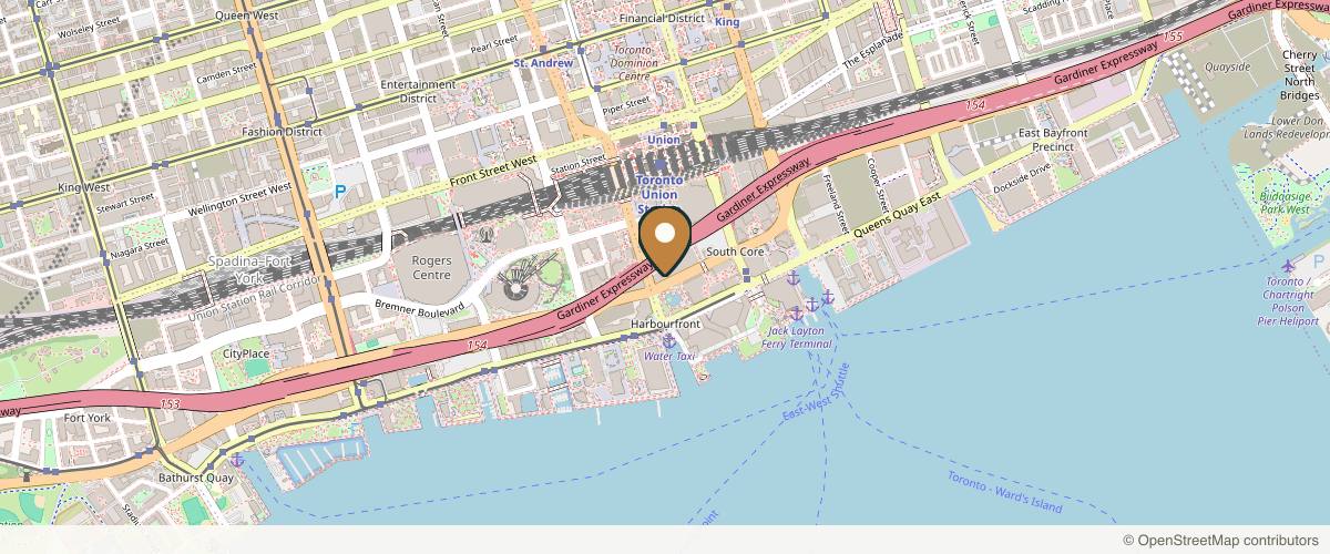 Map showing the exact location of HealthOne Harbourfront Skin Clinic at 110 Harbour St Level 3, Toronto, ON M5J 0B7, Canada